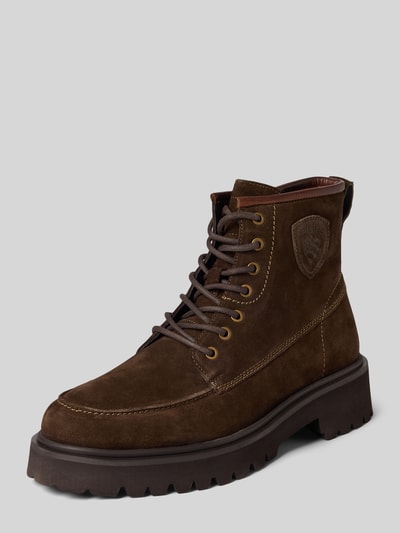Produktfoto, Boots aus Leder mit Reißverschluss Modell 'Buxton' von Blauer vs:, donkerbruin, afgeronde punt, vetersluiting, labeldetail, profielzool, hakhoogte maat 44: 5 cm, schachthoogte maat 44: 15 cm, schachtbreedte maat 44: 11 cm, echt leer, matte textuur