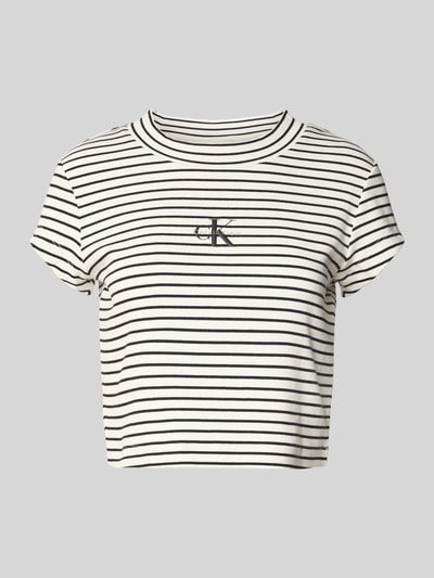 Produktfoto, Cropped T-Shirt mit Streifenmuster und Logo von Calvin Klein Jeans, bawełna z domieszką elastanu, dekolt okrągły, białe i czarne paski