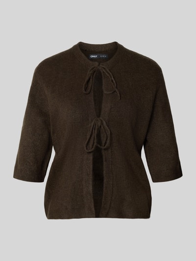 Produktfoto, dunkelbraune Regular Fit Strickjacke mit Schnürung Modell 'SIMONI' von ONLY, Damen Pullover von ONLY, vor grauem Hintergrund