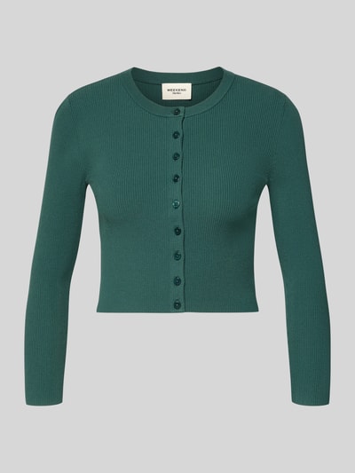 Produktfoto, grüne Slim Fit Strickjacke aus Viskose-Mix Modell 'WKDTENNIS' von Weekend Max Mara, feine Rippstruktur, Damen Strickjacke
