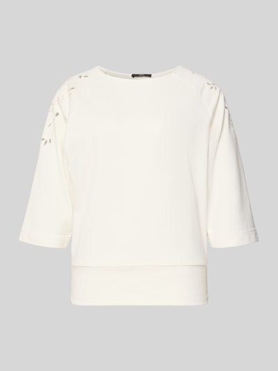 Produktfoto, Sweatshirt mit Lochstickerei und 3/4-Arm van Zero, dames sweatshirt van katoenmix, loose fit, ronde hals, ajourwerk, 3/4-mouw, effen wit