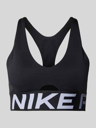Produktfoto, Racerback-Bustier mit Cut Out und Label-Details von NIKE TRAINING in Schwarz, körpernahe Passform, Stretch-Material, großflächiger Logoprint.