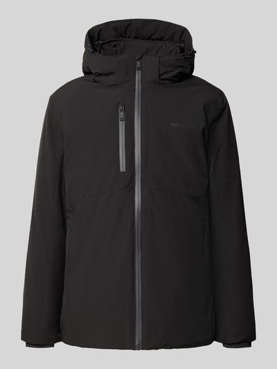 Produktfoto, Regular Fit Jacke mit Logo-Print von Lindbergh, czarna, elastyczna mieszanka materiałów, kaptur z tunelem, napoleońska kieszeń, nadruk z logo, długość tyłu w rozmiarze M: 74 cm, szerokość ramion w rozmiarze M: 46 cm, szerokość klatki piersiowej w rozmiarze M: 42 cm, długość rękawów w rozmiarze M: 62 cm