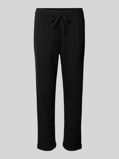 Produktfoto, Sweatpants in verkürzter Passform von Juvia in Schwarz, aus elastischem Baumwoll-Modal-Mix, gerade Form, sichtbare Eingrifftaschen und elastischer Bund.
