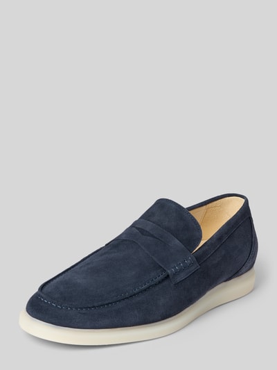 Produktfoto, Loafer aus Leder Modell 'Elia' von Henry Stevens in Dunkelblau, abgerundete Spitze, sichtbare Naht, glatte Textur, Schlupfform, 2 cm Absatz, 7 cm Schafthöhe, 11 cm Schaftweite, Sohle in Beige
