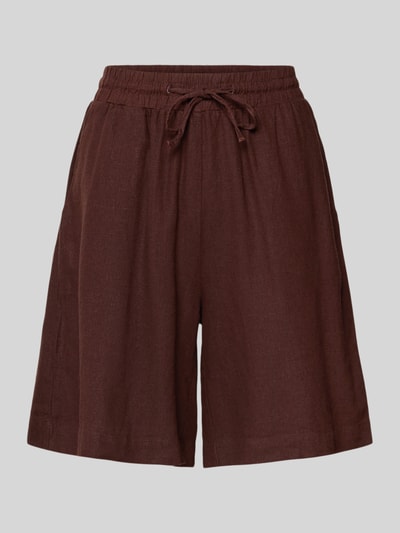 Produktfoto, Leinenshorts mit elastischem Bund Modell 'Lava' von FREE/QUENT im braunen Farbton, Leinen-Mix mit Viskose-Anteil, Loose-Fit, elastischer Bund mit Kordelzug, französische Eingrifftaschen, Bundweite 39 cm, Innenbeinlänge 50 cm, Größe S, strukturierte Stoffoberfläche.
