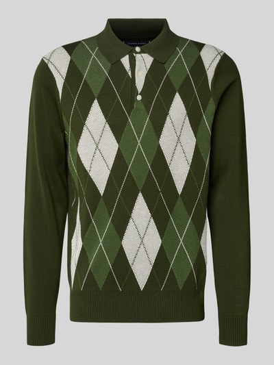 Produktfoto, Regular Fit Strickpullover aus reiner Baumwolle von Tommy Hilfiger in Optik: Unifarben mit Gitterkaro, Polokragen, Langarm, Applikation: Label-Stitching, gerippte Abschlüsse, Materialverarbeitung: Strick, Muster: Gitterkaro, grün-weiße Farbtöne
