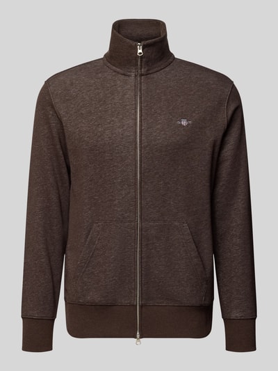 Produktfoto, braune Regular Fit Sweatjacke aus Baumwoll-Mix von GANT, strukturierte Oberfläche, sichtbarer Reißverschluss, Herren Sweatjacke