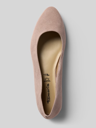 Produktfoto, Ballerina aus echtem Rindsleder von Tamaris in roséfarbener Velourslederoptik mit abgerundeter Spitze und Blockabsatz, strukturierte Sohle.