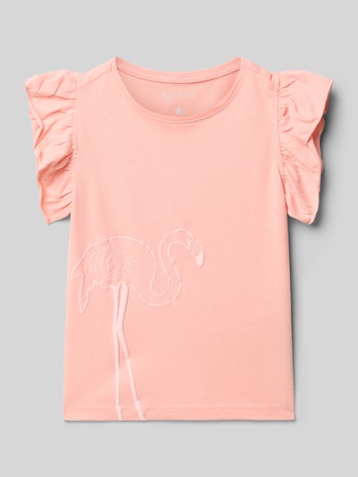 Produktfoto, Regular Fit T-Shirt mit Rüschenbesatz von Blue Seven, Kinder T-Shirt aus Reine Baumwolle, Brusttasche, Rückenlänge 38 cm bei Größe 116, zartes Rosa, schlichte Flamingo-Kontur, glatte Struktur