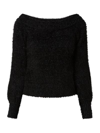 Review Off Shoulder Pullover mit Effektgarn und Fransen Black 2