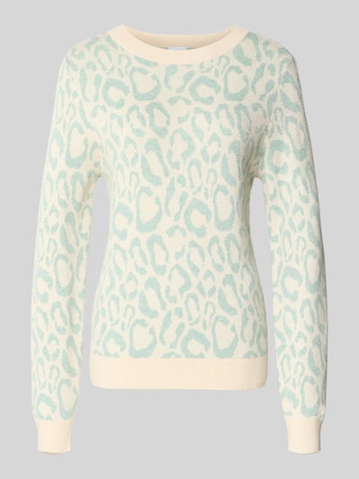 Produktfoto, Slim Fit Pullover aus Viskose-Mix Modell 'JACQUARD' von Vila in Strick-Optik mit Allover-Animal-Stitching, creme und mintgrün