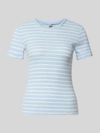 Produktfoto, Slim Fit T-Shirt aus Baumwoll-Mix Modell 'RUKA' von Pieces, hellblau-weiß gestreift, Feinripp-Textur, Rundhals, kurze Ärmel