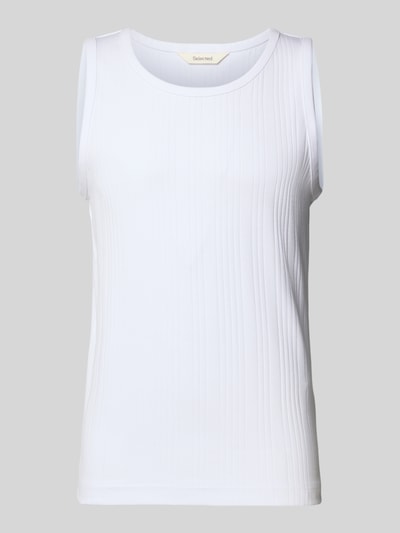 Produktfoto, Regular Fit Tank Top aus Baumwoll-Mix Modell 'ANDRE' von SELECTED HOME in Weiß, unifarben mit vertikaler, gestreifter Struktur, breite Träger, Rundhalsausschnitt, fein gerippte Textur