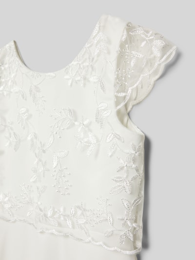 Produktfoto, Kleid mit Stitchings und Kappärmeln von Happy Girls mit floraler Stickerei, fließender Stoff, A-Linie, Rundhalsausschnitt, Rückenlänge 96 cm bei Größe 134.