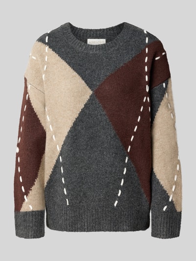 Produktfoto, Strickpullover im Allover-Look mit Rundhalsausschnitt von Apricot, beige, grau, braun, Relaxed Fit, Baumwoll-Mix, geometrisches Muster