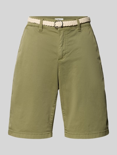 Produktfoto, Regular Fit Bermudas aus Baumwoll-Mix von s.Oliver RED LABEL in Optik: Unifarben, Twill-Materialverarbeitung, Eingrifftaschen, Gesäßtaschen, Gürtel, Beinabschluss mit Umschlag, in Olivgrün