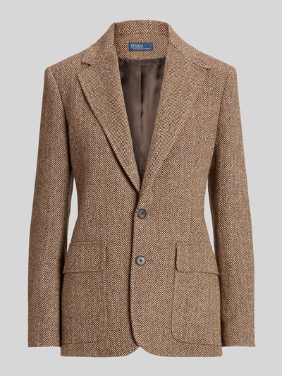 Produktfoto, Taillierter Longblazer aus Leinen-Seide-Mix mit Woll-Anteil Modell 'HERTIAGE' von Polo Ralph Lauren mit Fischgrätenmuster in Braun, Optik: Unifarben, Allover-Muster, Passform: Tailliert, Kragenform: Reverskragen, 2-Knopf-Verschluss, Ärmelform: Kissing-Buttons, Rumpfabschluss: mit Seitenschlitzen, Taschen: Brusttasche, Pattentaschen, Materialverarbeitung: Webware