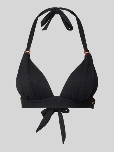 Produktfoto, schwarzes Bikini-Oberteil mit Label-Detail Modell 'MAHO' von Banana Moon, Material-Mix mit Stretch-Anteil, Neckholder, Schnürverschluss