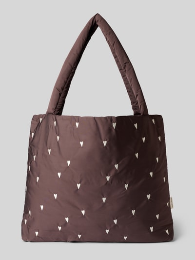 Produktfoto, Handtasche mit Allover-Motiv-Stitching Modell 'Mom' von STUDIO NOOS in Braun mit weißen Herzen, Hauptfach, Schulterriemen, Größe 1: Breite 55 cm, Länge 47 cm, Tiefe 8 cm, Länge Schulterriemen 73 cm