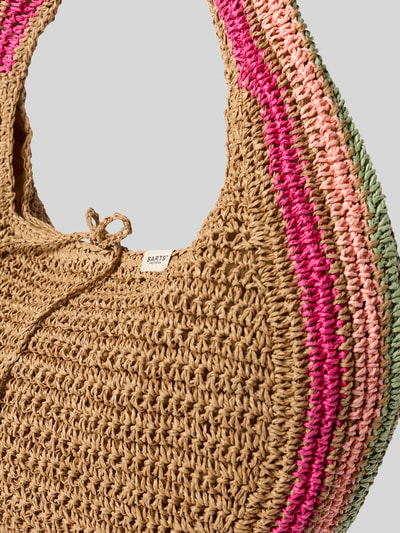 Produktfoto, Handtasche mit Label-Detail Modell 'Saunteer' von Barts in Natur, Pink und Grün, grobe gehäkelte Textur, Innenfach mit Reißverschluss, Breite 45 cm, Länge 32 cm, Tiefe 12 cm, Schulterriemen 36 cm.