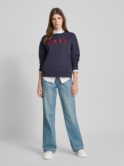 Gant Sweatshirt met ronde hals en labelstitching Marineblauw - 1