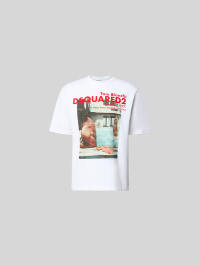 Produktfoto, weißes Loose Fit T-Shirt aus reiner Baumwolle von Dsquared2 mit Rundhalsausschnitt, Fotoprint, verlängerte Rückseite, Herrenmode