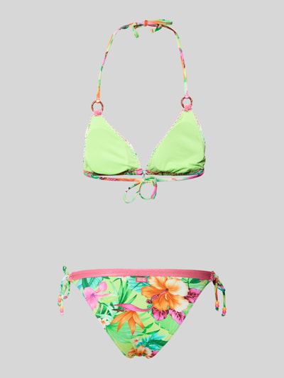 Produktfoto, bikini z mieszanki materiałów z dodatkiem streczu Banana Moon Bikini mit Label-Details Modell 'LINDOSTORA PALMBAY', kolor zielony z wielobarwnym kwiatowym nadrukiem, wiązanie na szyi i w pasie, dopasowany krój