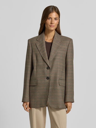 Vrouwenmodel draagt Regular fit longblazer uit pure scheerwol model 'TALCA' van Max Mara Studio, dames, ruitpatroon, lichte beige en bruintinten, vooraanzicht halftotalen.