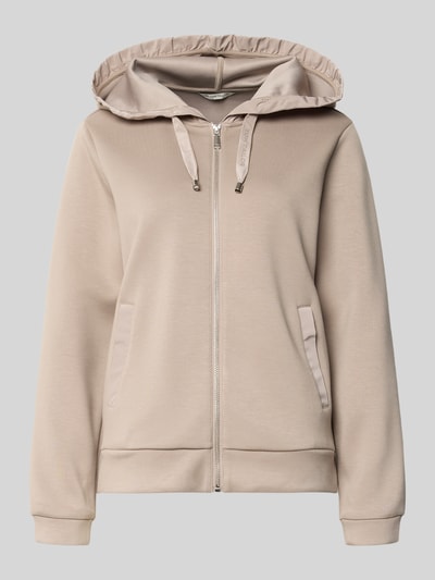 Produktfoto, Regular Fit Sweatjacke mit Viskose-Anteil von Tom Tailor w kolorze beżowym, gładka faktura, zamek, kaptur ze sznurkiem, kieszenie boczne