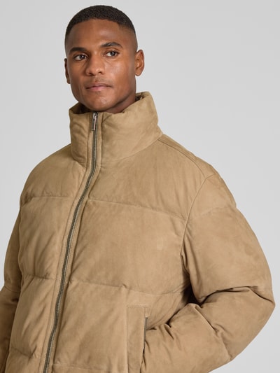 BOSS Orange Regular fit gewatteerd jack van echt lamsleer, model 'JOCAMP' Olijfgroen - 3