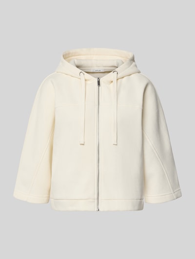 Produktfoto, cremefarbene Loose Fit Sweatjacke aus Baumwoll-Mix Modell 'Giela' von OPUS, glatte Oberfläche, sichtbare Nähte, Damen Sweatjacke.