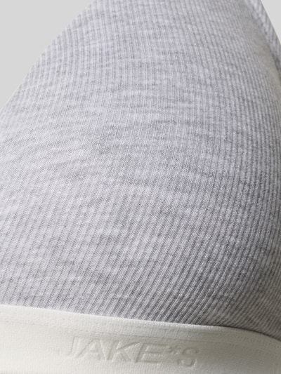 Produktfoto, Triangel-BH mit elastischem Logo-Bund von Jake*s Casual, fein gerippter grauer Modal-Mix, weiche Textur, Detailaufnahme