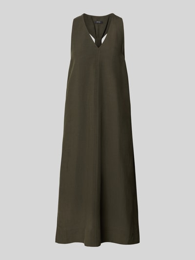 Produktfoto, Relaxed Fit Midikleid aus Viskose-Mix Modell 'Waka' von OPUS in dunklem Olivgrün, Ärmelloses-Design, V-Ausschnitt, Eingrifftaschen, Leinen-Viskose-Anteil, strukturierte Oberfläche, Rückenlänge 112 cm, Brustweite 47 cm, Größe 36.