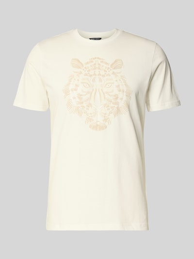 Produktfoto, T-shirt z okrągłym dekoltem od Antony Morato, mieszanka bawełny i elastanu, krój regular fit, motyw, długość tyłu w rozmiarze M 69 cm, kremowy kolor, nadruk z motywem tygrysa, gładka faktura