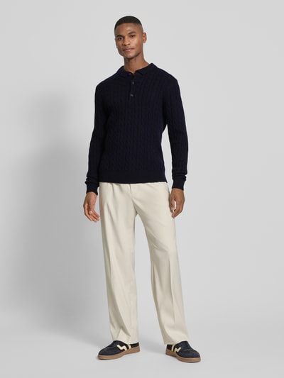 Lindbergh Strickpullover aus Leinen-Mix mit Polokragen Dunkelblau 1