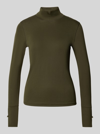 Produktfoto, Longsleeve mit Stehkragen und Zierknöpfen von Marc Cain aus Baumwoll-Elasthan-Mix, Slim Fit in Olivgrün, glatte Oberfläche.