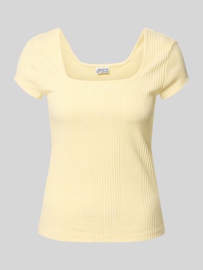 Produktfoto, hellgelbes T-Shirt in Ripp-Optik mit Karree-Ausschnitt aus Baumwoll-Elasthan-Mix, Slim Fit, JAKE*S STUDIO WOMAN
