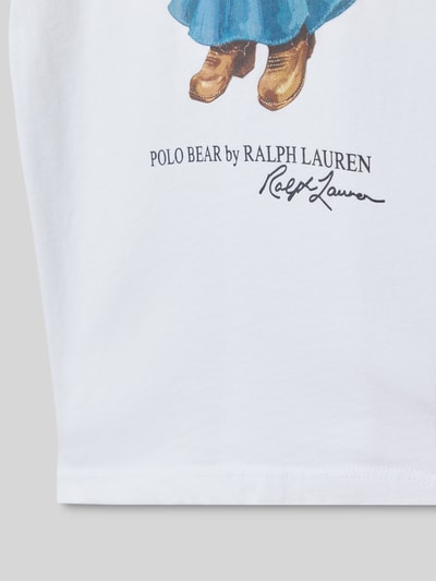 Produktfoto, Regular Fit T-Shirt mit Polo Bear Motiv von Polo Ralph Lauren Teens, unifarben weiß, Baumwoll-Jersey mit Rundhals, Nahaufnahme Vorderseite.