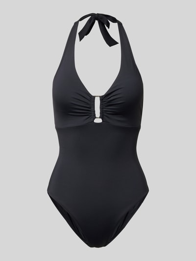 Produktfoto, schwarzer Neckholder-Badeanzug Modell 'MONOCHROME BEACH' von JOOP! Collection, glatte Oberfläche, körpernah, Stretch-Anteil.
