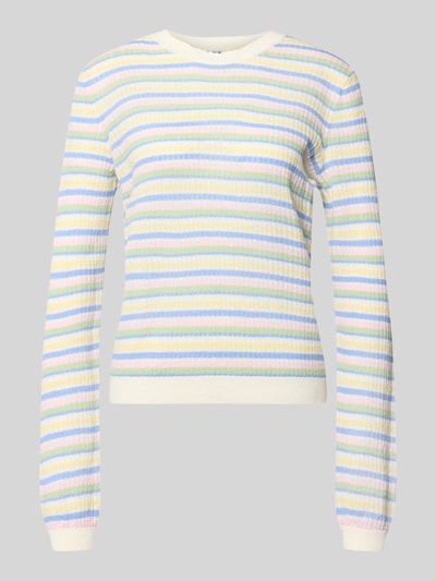 Produktfoto, Regular Fit Strickpullover aus reiner Baumwolle Modell 'DIANA' von Pieces, mehrfarbig gestreift, Crew Neck, Rundhalsausschnitt, langarm, weiche Stricktextur