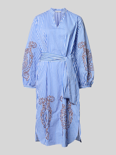 Produktfoto, Hemdblusenkleid mit Stitchings und Bindegürtel von Christian Berg Woman aus Reine Baumwolle, Gerader-Schnitt, blau-weiß gestreift, Midikleid, V-Ausschnitt, Stickereidetails, glatte Textur