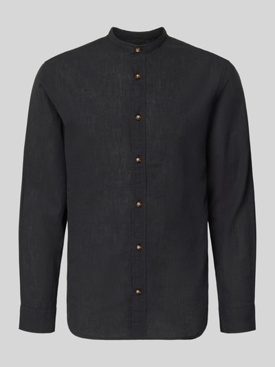 Produktfoto, Regular Fit Freizeithemd aus Baumwoll-Leinen-Mix von Jack & Jones in Schwarz mit Stehkragen und Knopfleiste, glatte Textur. Modell SUMMER LINEN BLEND.