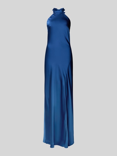 Produktfoto, Abendkleid mit Neckholder zum Binden von Mascara aus blauem Satin in Maxilänge, mit Rückenausschnitt, körpernahe Passform