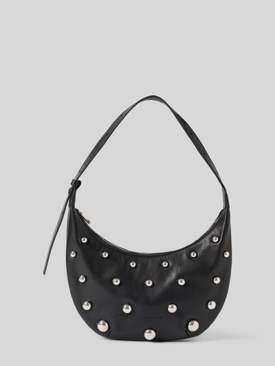 Produktfoto, czarna Hobo Bag mit Applikationen Modell 'RYKER' von LIEBESKIND BERLIN, metaliczne aplikacje, główna przegroda z zamkiem błyskawicznym, pasek na ramię, wytłoczone logo, Szerokość w rozmiarze 1: 27 cm, długość w rozmiarze 1: 22 cm, głębokość w rozmiarze 1: 5 cm, długość paska na ramię w rozmiarze 1: 43 cm