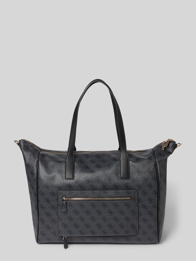 Produktfoto, Shopper mit Logo-Muster Modell 'LATONA CARRYON' von Guess, dunkelgraue Textur, goldene Details, rechteckige Form, 53x34x20 cm, Hauptfach mit Reißverschluss, Tragehenkel und 97 cm Schulterriemen