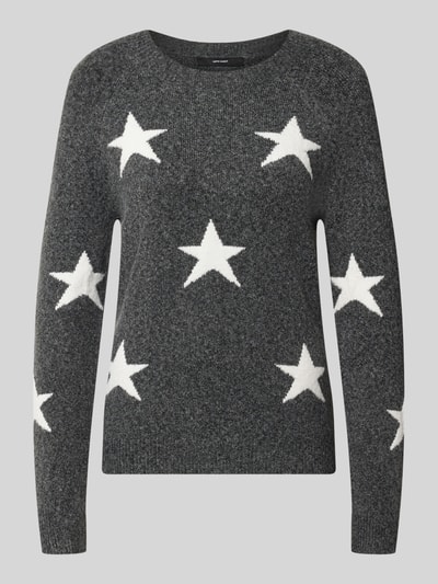 Produktfoto, Regular Fit Pullover mit Rundhalsausschnitt Modell 'DOFFY' von VERO MODA, dunkelgrau mit weißen Sternen, weiche Strickstruktur