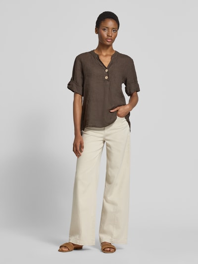 ZABAIONE relaxed fit linnen blouse met v-hals model 'Is44sii' Donkerbruin - 1