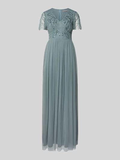 Produktfoto, Abendkleid mit Ziersteinbesatz von Christian Berg Cocktail, niebieskozielony, a-linia, maksifason, głęboki dekolt V, marszczenia, zamek z tyłu, szerokość w rozmiarze 36: 38 cm, długość z tyłu 140 cm, długość rękawa 21 cm, tekstura tiulu