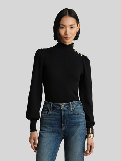 Vrouwenmodel draagt zwarte Slim Fit Turtleneck-Pullover uit mix van katoen en modal van Lauren Ralph Lauren, Dames, frontaal bovenlichaam close-up.